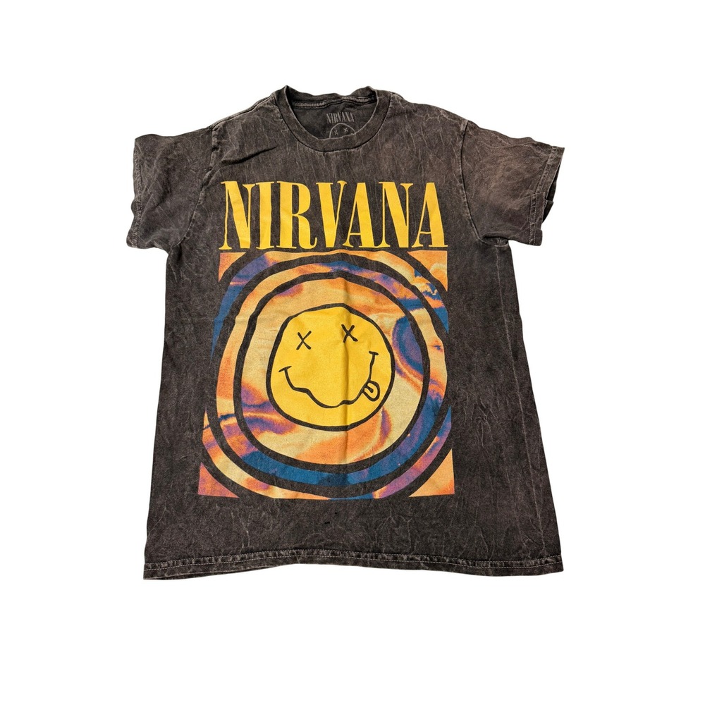 Nirvana Smiley Face Graphic T Shirt Black Wash Distressed Mens Womens Size S‎